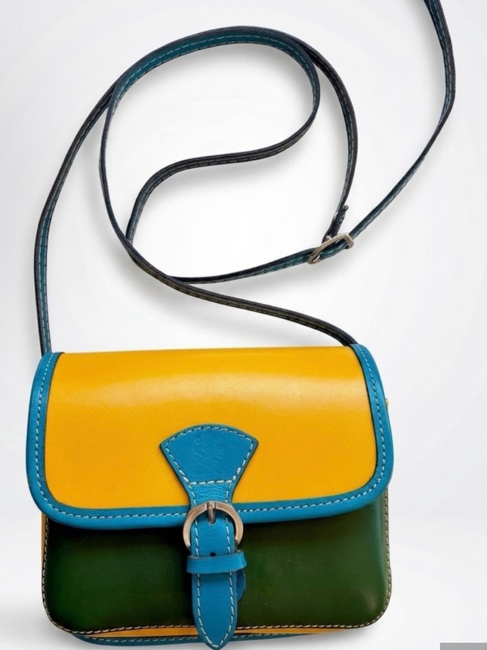 Colorblock Yellow, Teal & Green Leather Crossbody Bag